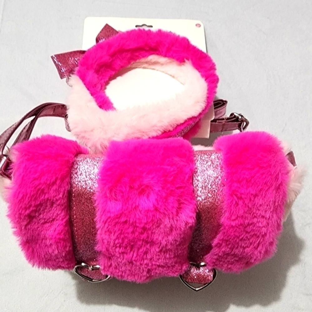 Verge Girls Furry Flap Bag And HeadBand set. Color-Pink